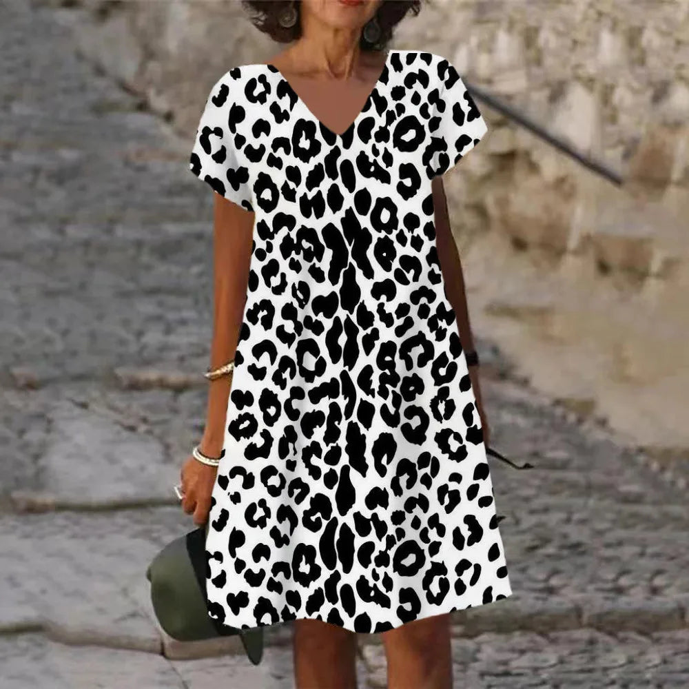 Classic Leopard Print Short Sleeve Midi Dress