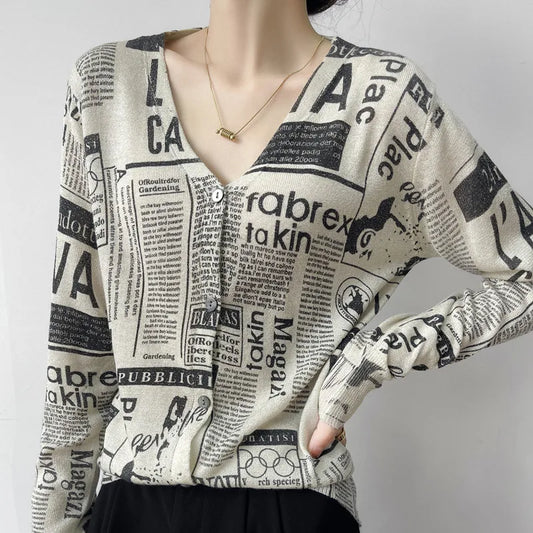 Stylish Graphic Print Wool Sweater Cardigan - Thread Harbor Clothing Company