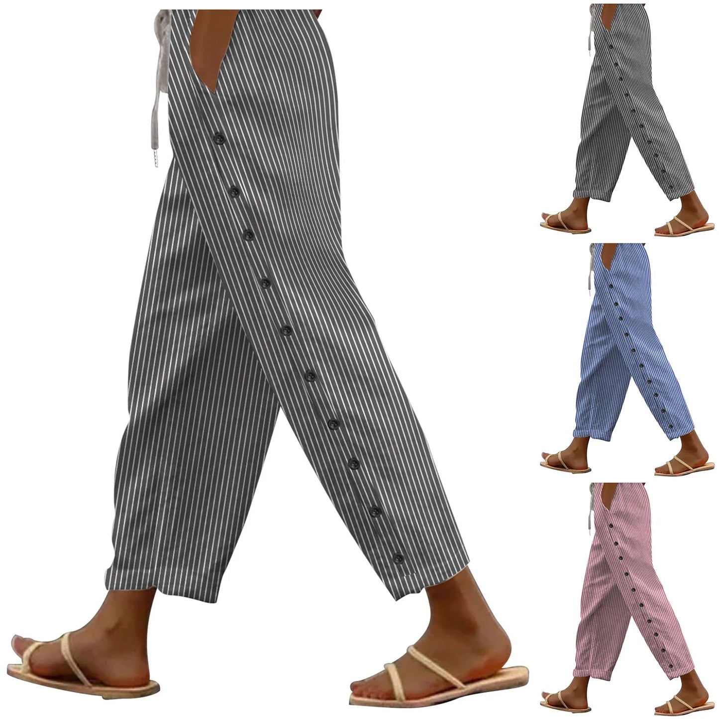 Summer Side Buttons Casual Trousers Loose Cotton Linen Harem Pants