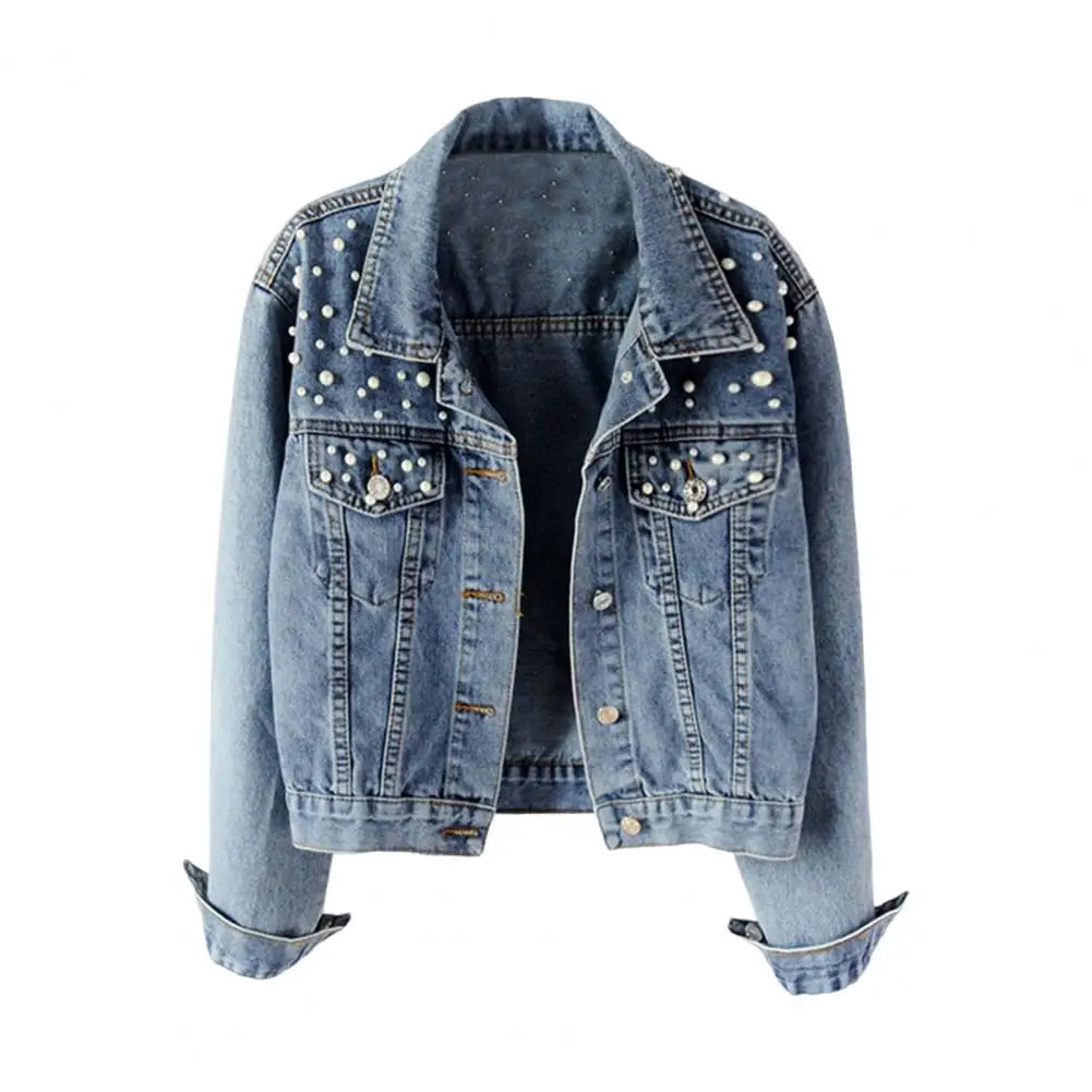 Get ready to rock the denim look with our Denim Jacket! With its solid color and single breasted design, this cropped jacket is perfect for any occasion. Stay warm and stylish with its thermal lining and beaded accents, while adding a touch of elegance with faux pearl details. Upgrade your wardrobe with this must-have piece!