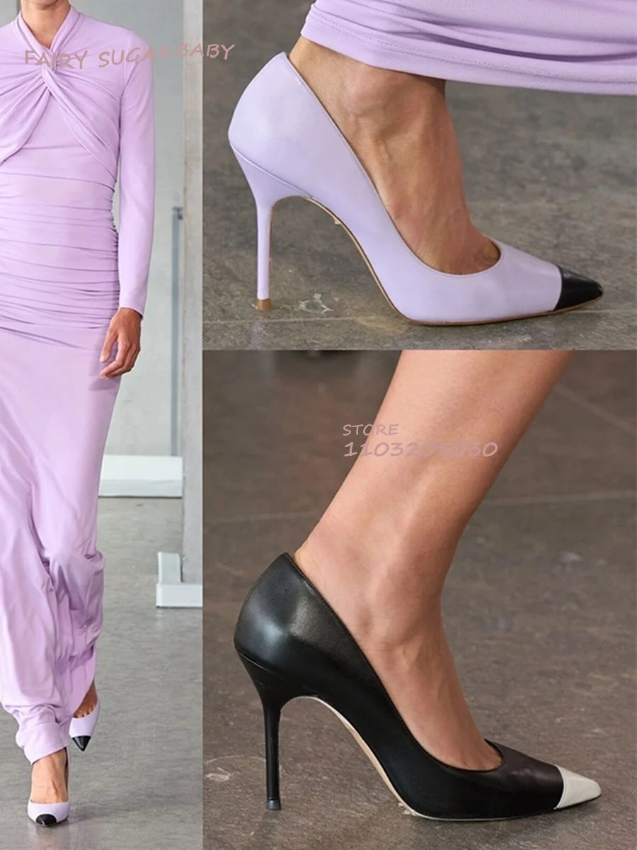 These Lavender Pumps with White Toe are the essence of spring. The classic design and high heel make them perfect for any dress occasion. Their unique combination of lavender and black adds a touch of modernity, while the white toe adds a touch of sophistication. Elevate your style with these stylish pumps.