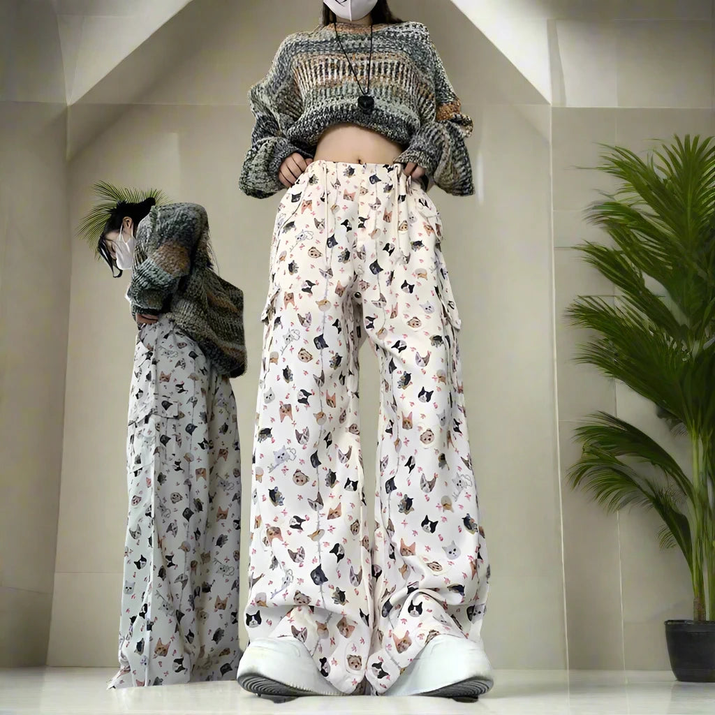 Wide Leg Pants with Cute Cat Graphic Print