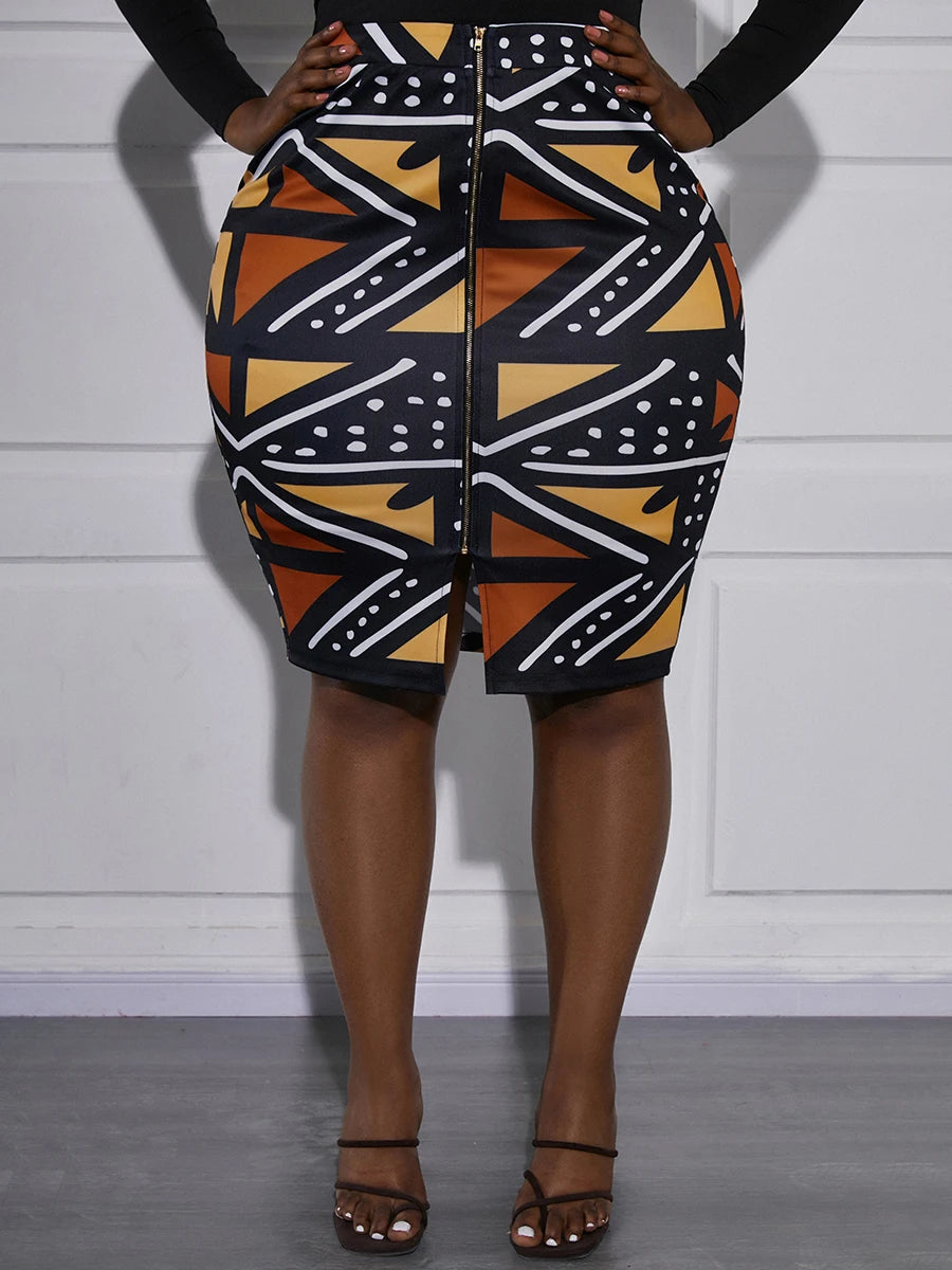 Elevate your fashion game with our Plus Size Slit Skirt. The unique Geometric Print Pattern adds a touch of sophistication, while the flattering design accentuates your curves. Perfect for any occasion, this skirt will make you feel confident and stylish. Upgrade your wardrobe now!