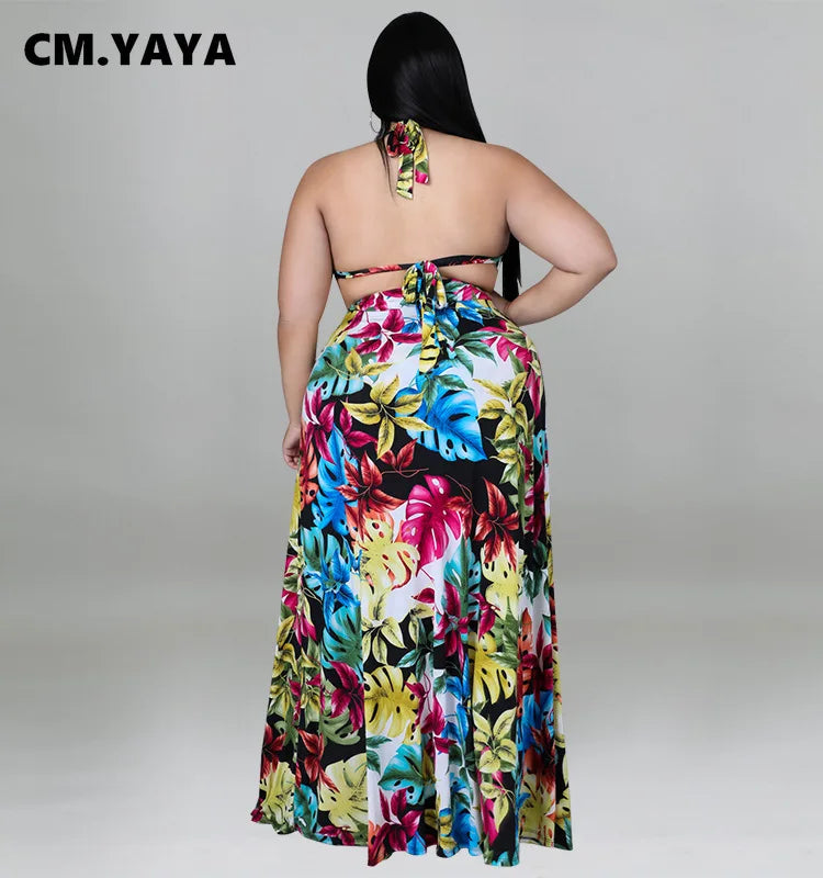 Plus Size Floral Maxi Dress with Tie Waist Two Piece Matching Beach Swimsuit Set