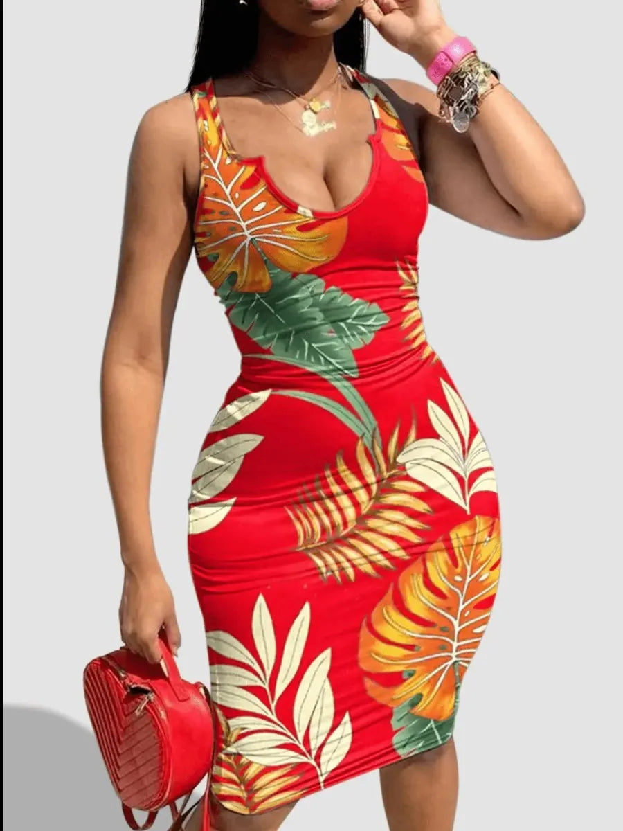 Sexy Plus Size Floral Print Bodycon Summer Dress in Red or Black