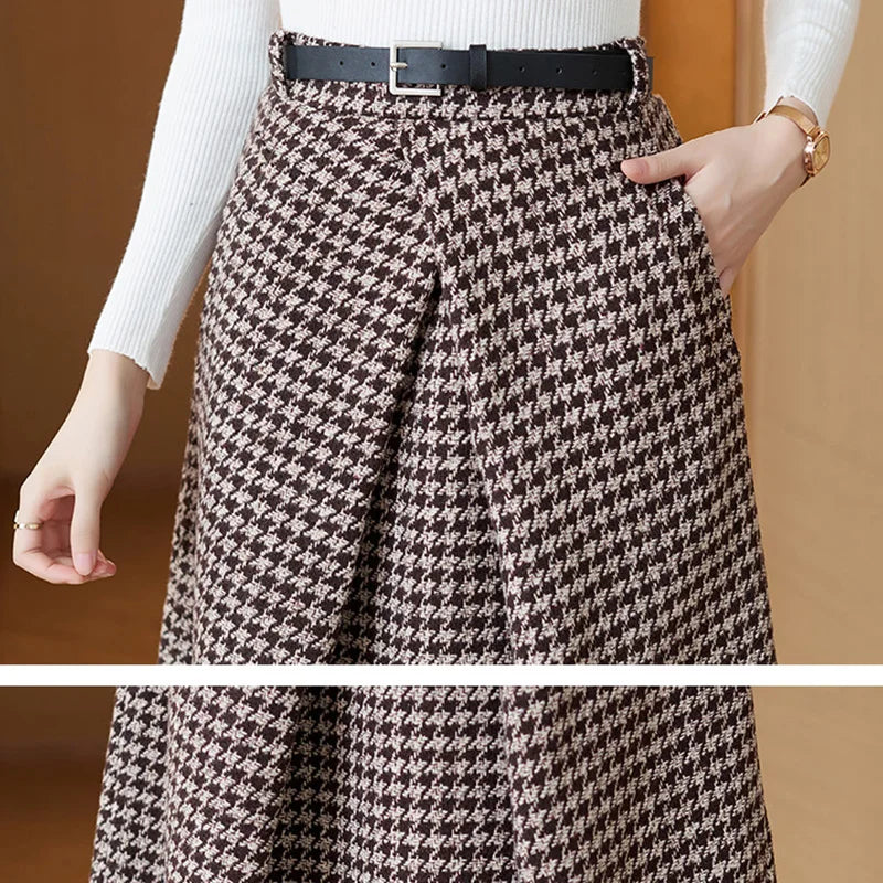 Woolen Plaid Houndstooth Midi Skirt