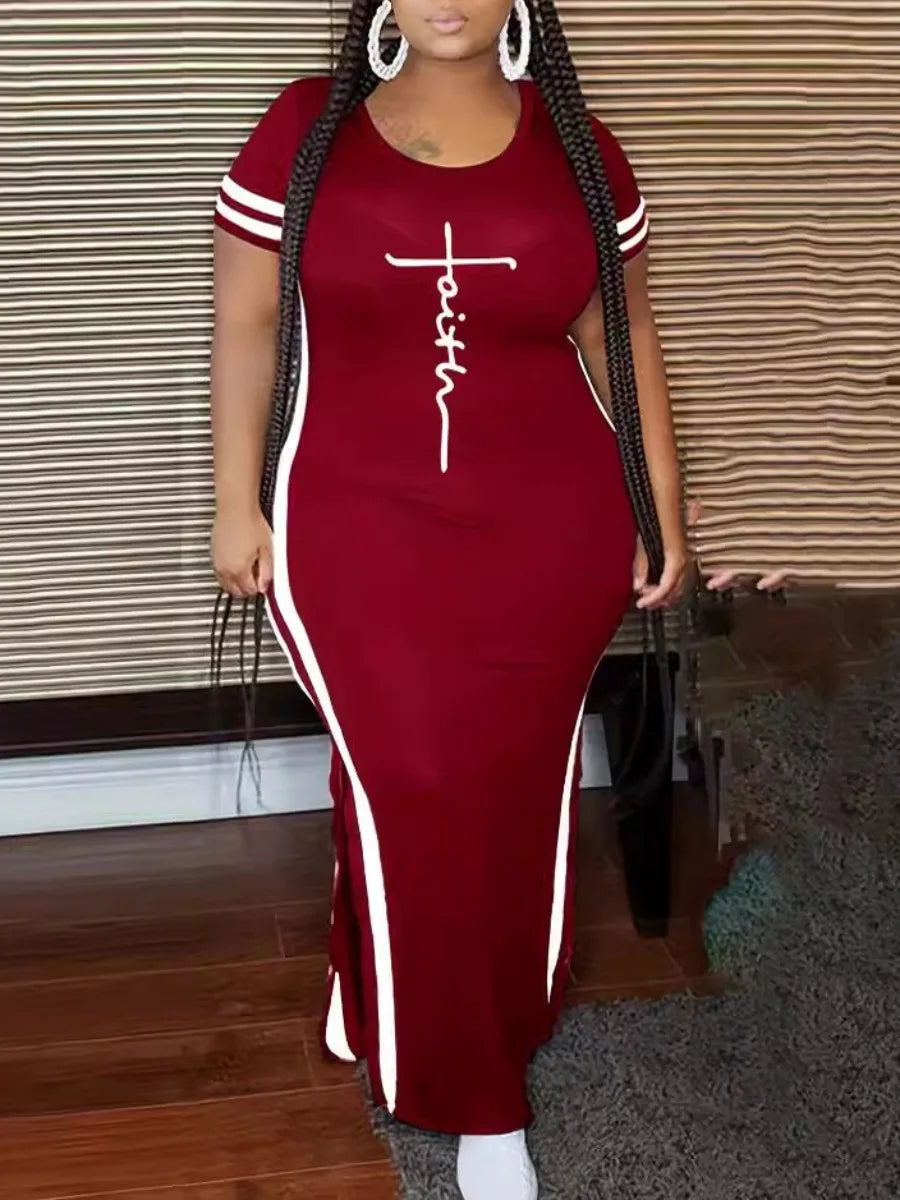 Get ready to make a statement in our "Faith" print dress! Designed for plus size women, this polyester knit bodycon dress exudes confidence and style. With short sleeves and side slits, it's perfect for any occasion. Embrace your faith and show off your curves in this stunning maxi length dress. The dress has white stripes down each side of the dress and stripes around the sleeves