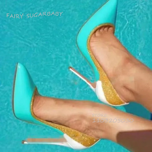 Elevate your look with our Gold Striped Teal Blue High Heels! These stylish stiletto pumps feature a pointed toe design and a unique gold striped pattern. Perfect for adding a touch of luxury and sophistication to any outfit. Step out in style and make a statement with these stunning heels.