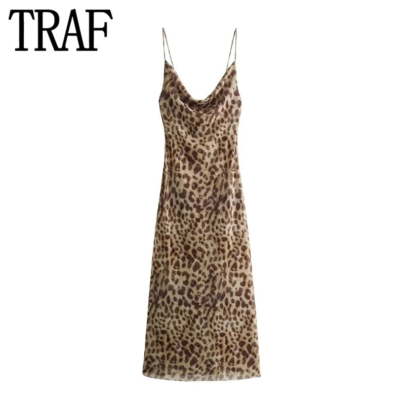 Leopard Print Spaghetti Strap Backless Maxi Dress