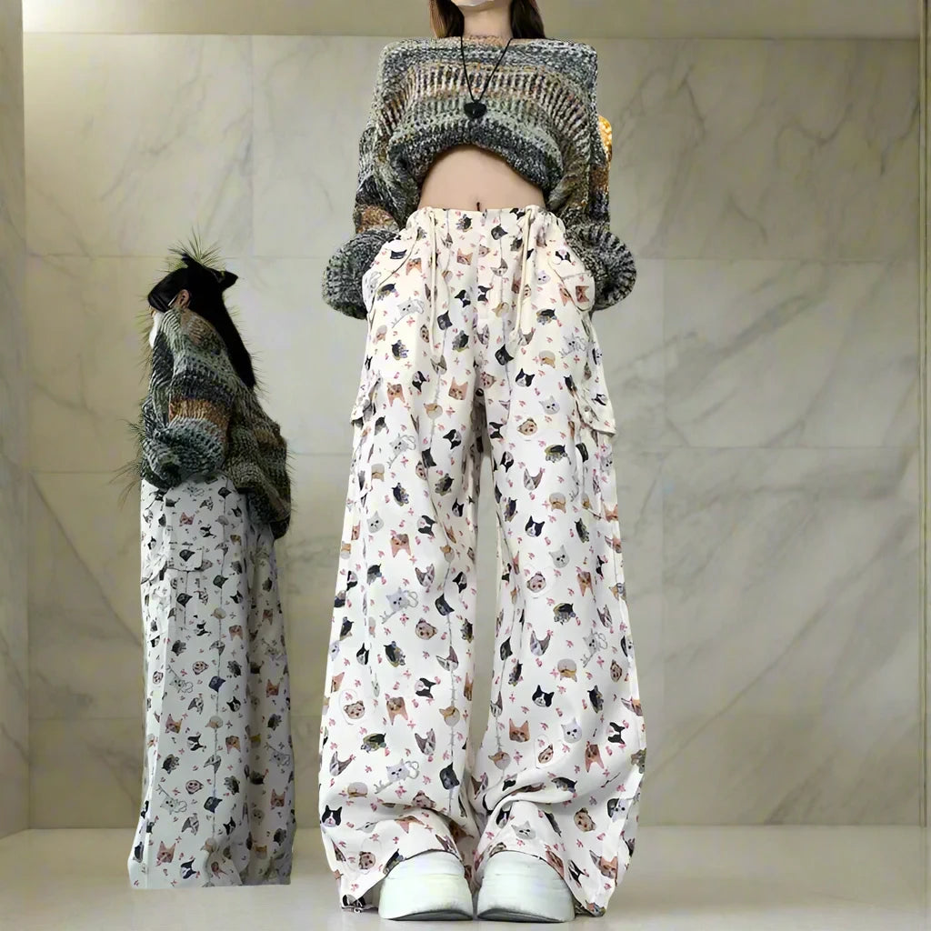 Wide Leg Pants with Cute Cat Graphic Print