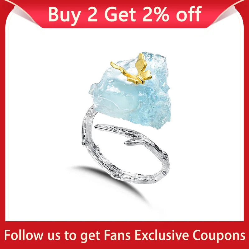 Aquamarine Gemstones Butterfly Ring Original Sterling Silver