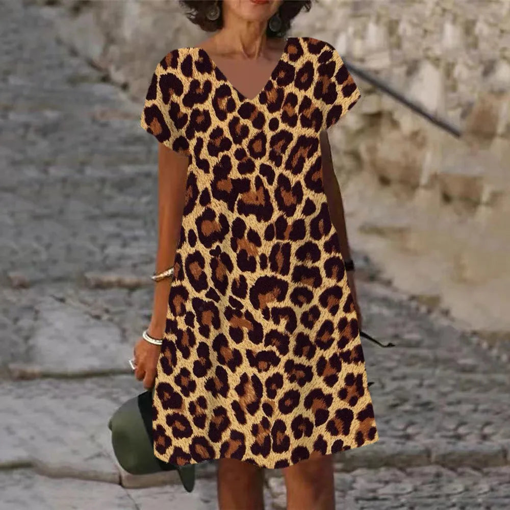 Classic Leopard Print Short Sleeve Midi Dress