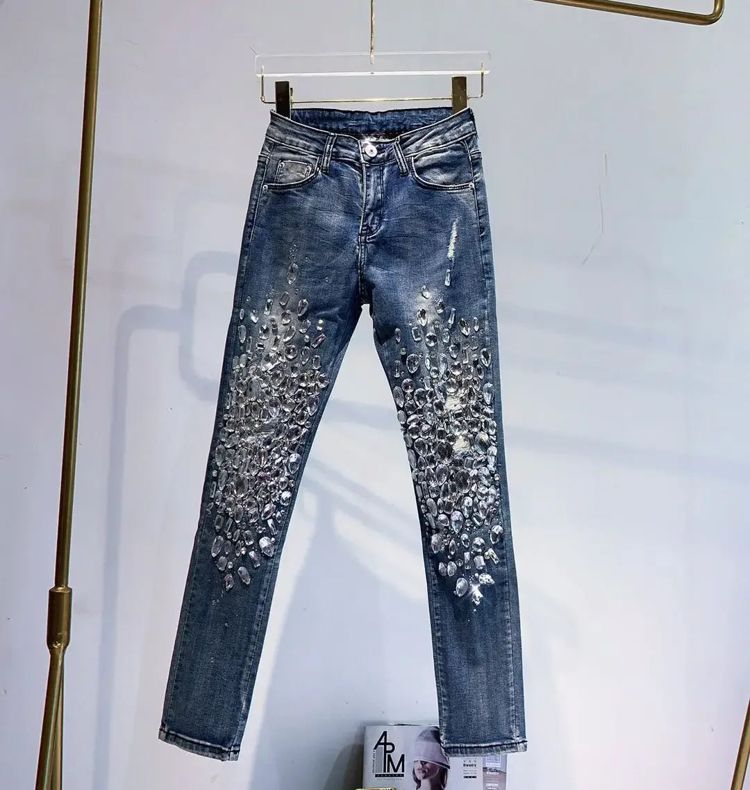 Handmade Rhinestone Beaded Denim Skinny Jeans