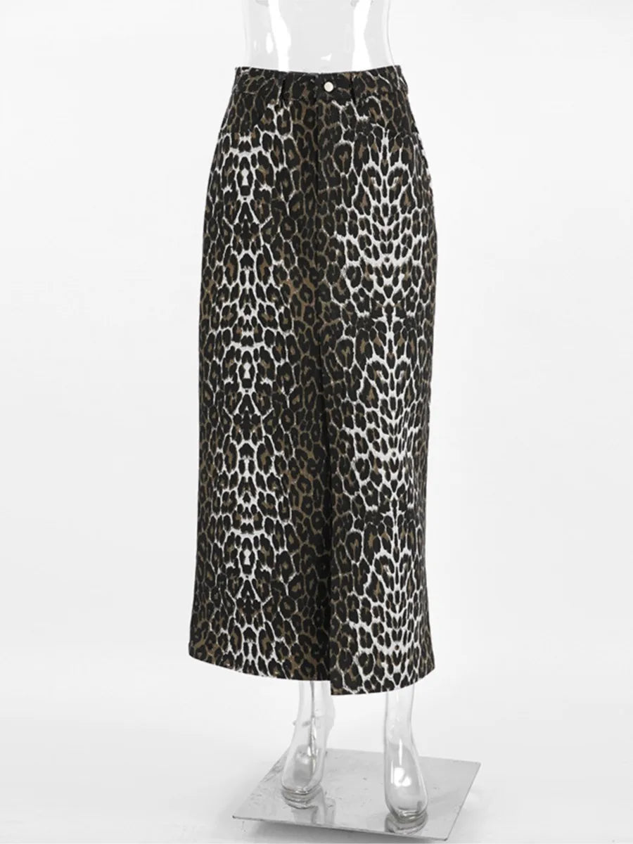 Women's Leopard Print Denim High Waist Straight Split Midi Skirt with Pockets