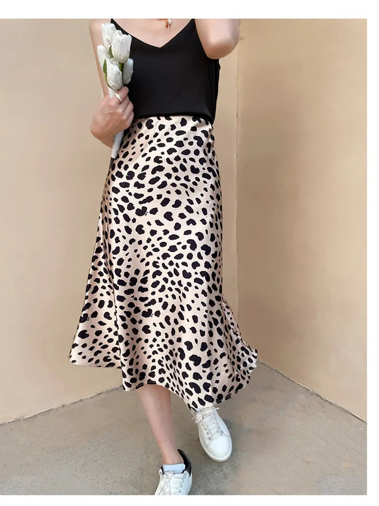 Vintage Style Leopard Print Midi Length A-Line High Waist Silk Skirt