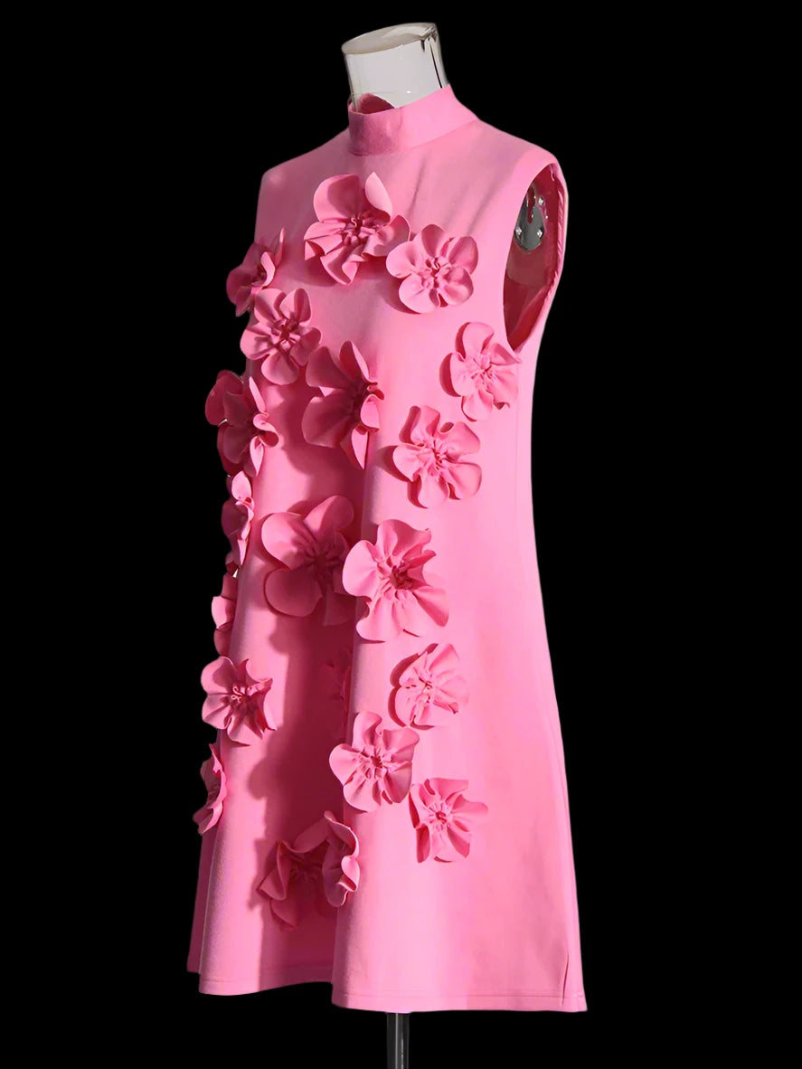 Elegant Pink Cotton Floral Applique Dress