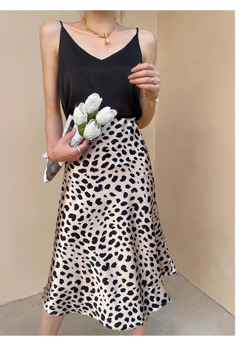 Vintage Style Leopard Print Midi Length A-Line High Waist Silk Skirt