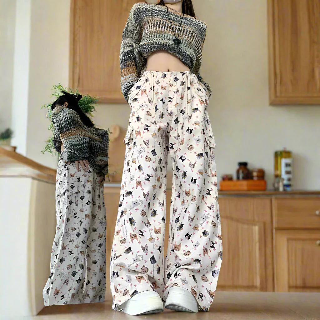 Wide Leg Pants with Cute Cat Graphic Print