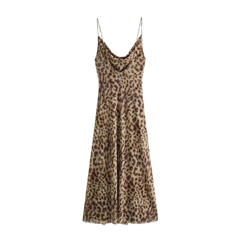 Leopard Print Spaghetti Strap Backless Maxi Dress