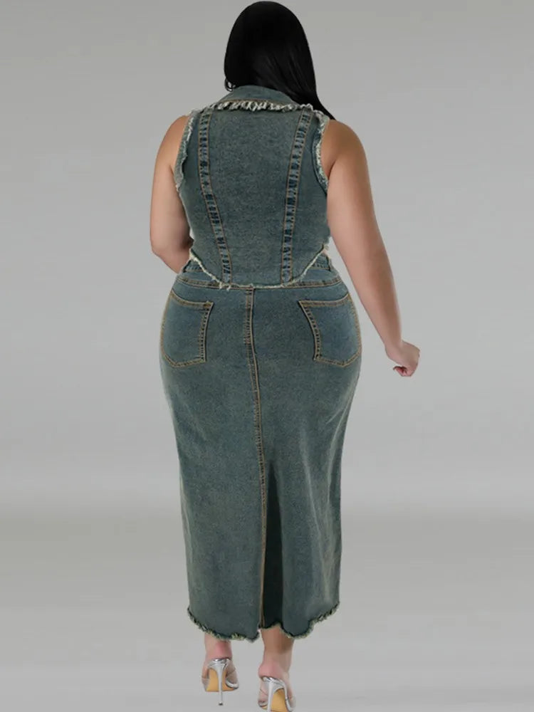 Women's Plus Size Denim Two Piece Sleeveless Vest and Matching Mid Length Skirt