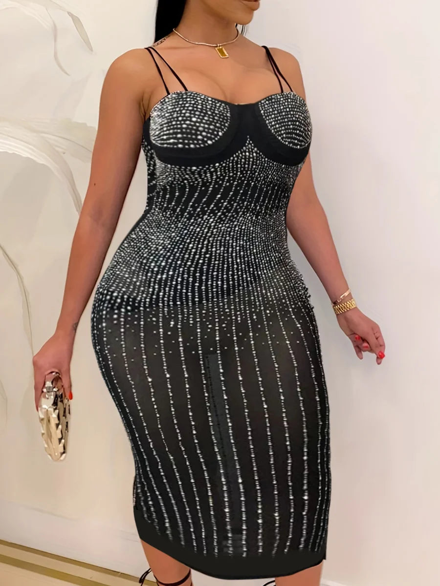 Turn heads and feel confident in our Elegant Plus Size Black Sequined Dress! The sequined design and spaghetti straps add a touch of elegance, while the see-through material and knee-length cut create a sexy silhouette. Perfect for any formal event, this bodycon dress will make you stand out in the crowd.