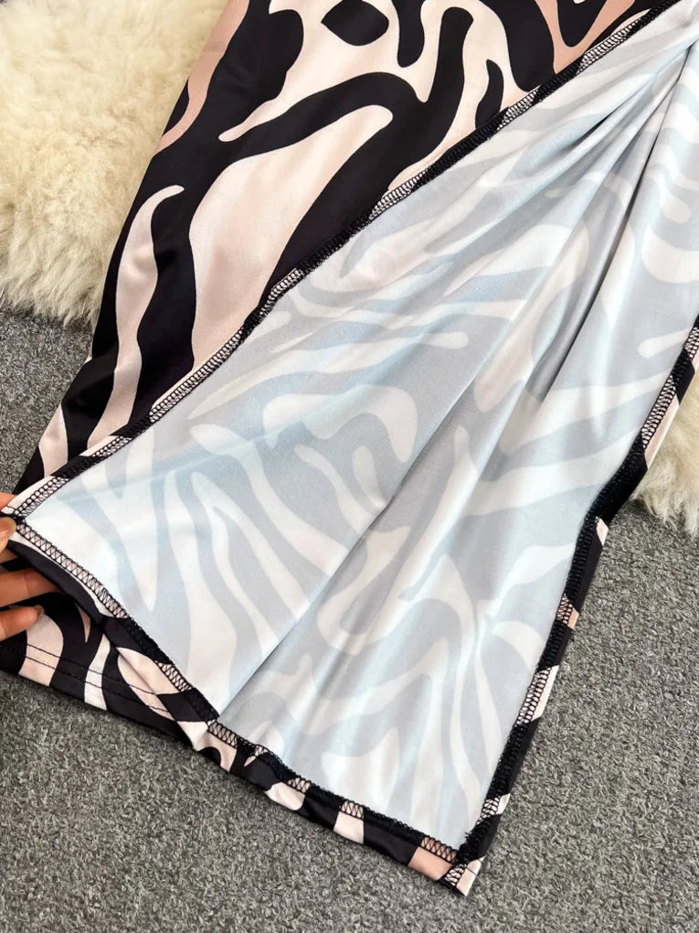 Zebra Stripe Print Side Slit Spaghetti Strap Backless Sexy Long Dress