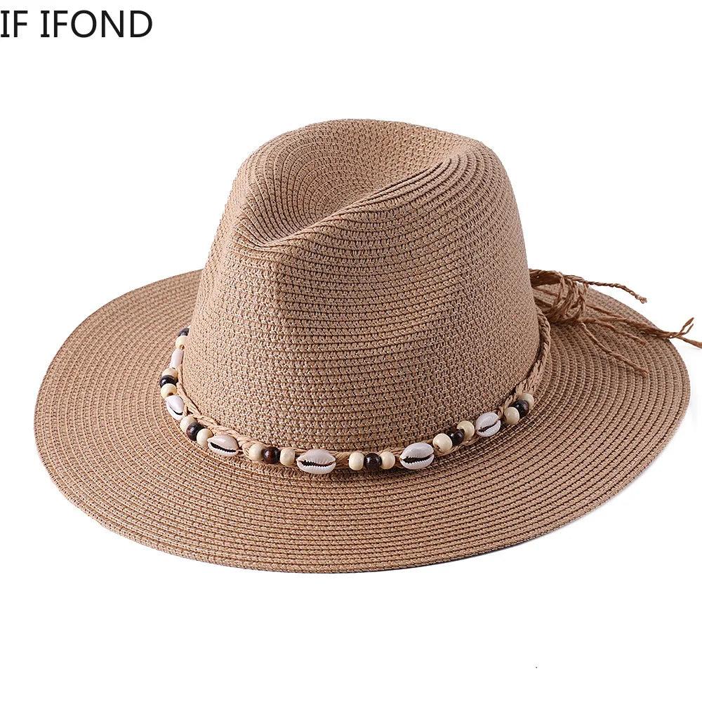 54-58-60CM Women's Summer Straw Panama Hat With Natural  Conch Shell Decoration