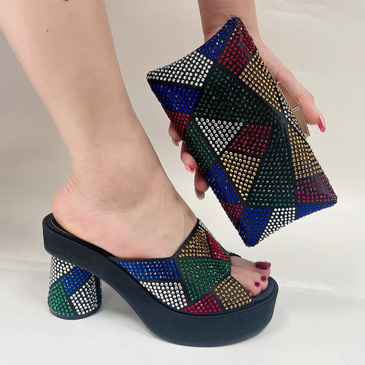 Mrs. Whoudini's Rhinestone Patchwork Open Toe Platform Heels with Matching Clutch Bag