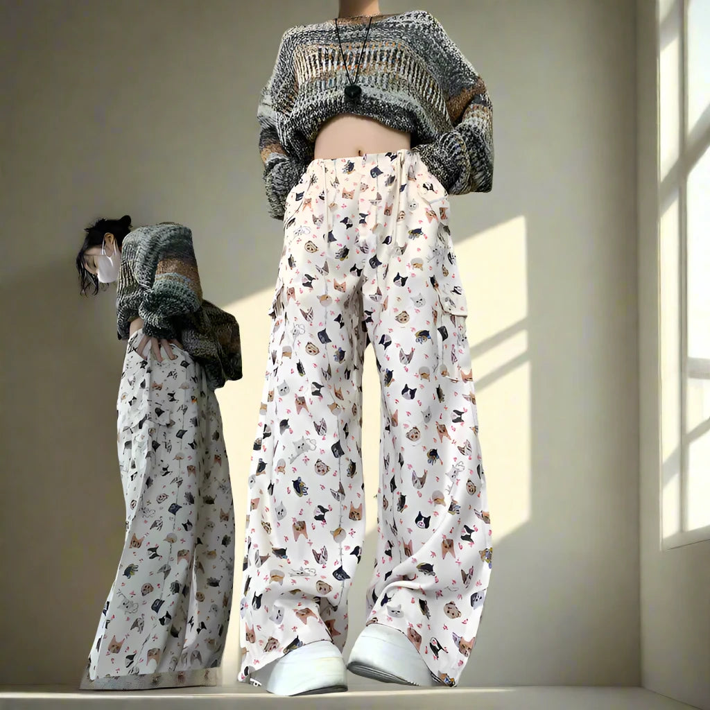 Wide Leg Pants with Cute Cat Graphic Print