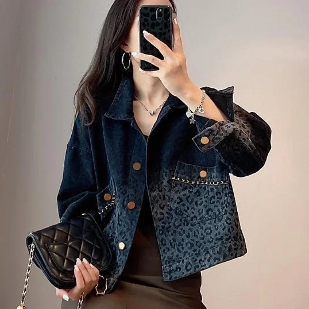 Leopard Print Short Denim Jacket Button Up Collar