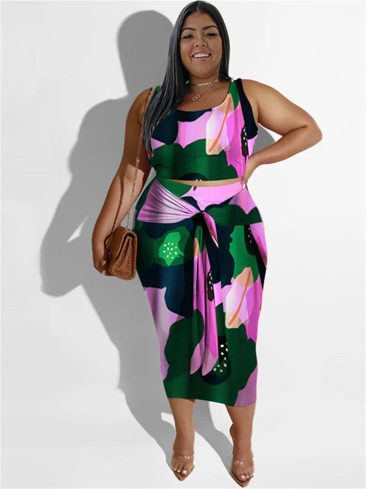 Women's Plus Size Sleeveless Floral Crop Top and Skirt Set