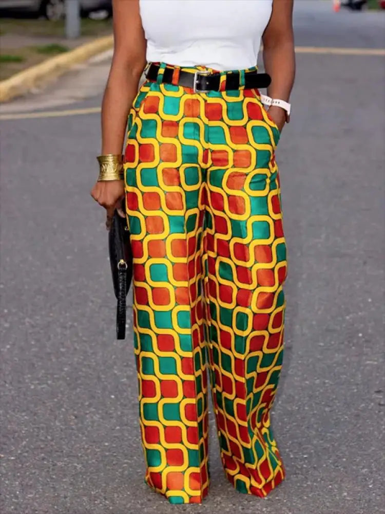 Colorful Wide Leg Elastic Waist Trousers with Geometric Pattern Print - Thread Harbor Clothing Company