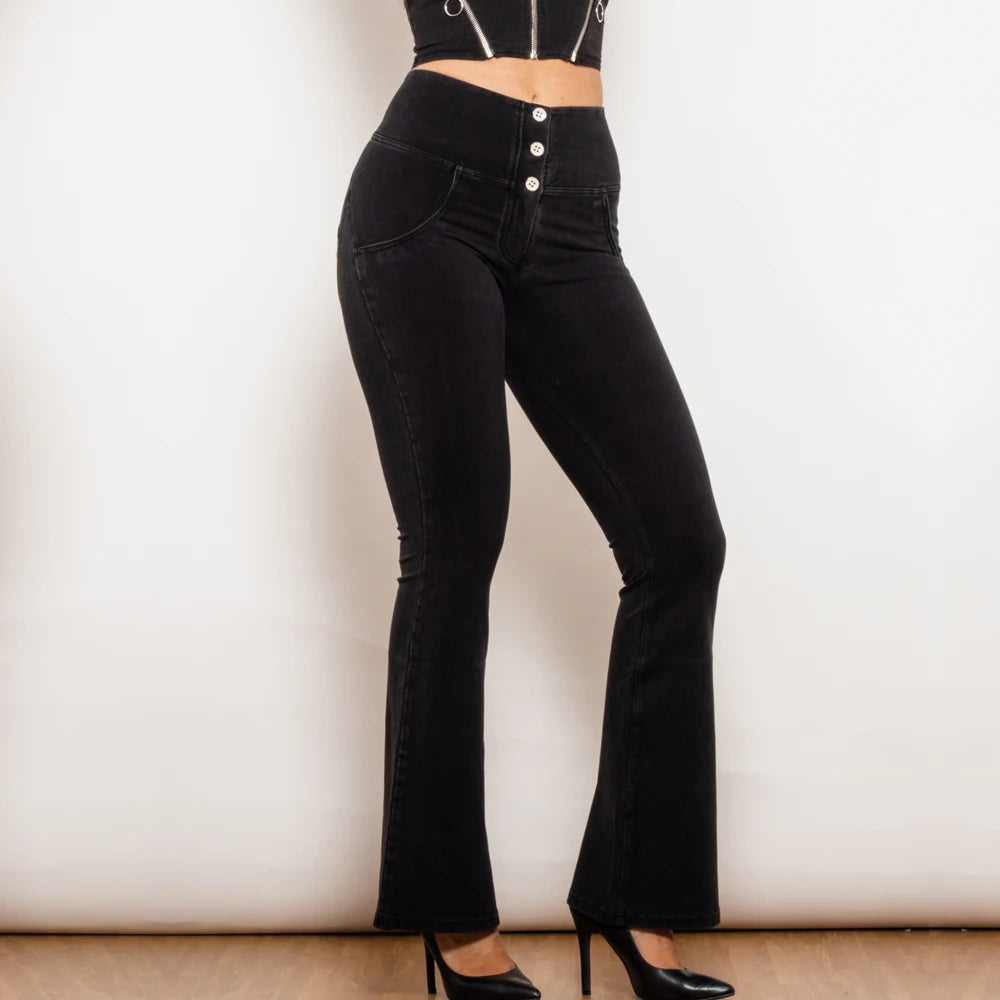    Introducing our Black Flare Leg Butt Lift Jeggings, designed to shape and lift your butt while providing a comfortable mid rise and high waist fit. These button up jeans feature a stylish flare leg for a modern touch. Upgrade your wardrobe and boost your confidence with these innovative jeans!