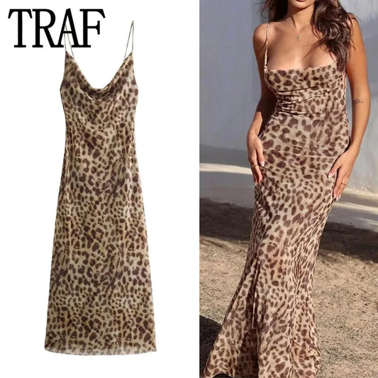 Embrace your wild side with our Leopard Print Spaghetti Strap Backless Maxi Dress! Featuring a stunning leopard print and a daring backless design, this maxi dress is perfect for any special occasion. Get ready to make a statement and turn heads with this beautiful dress!