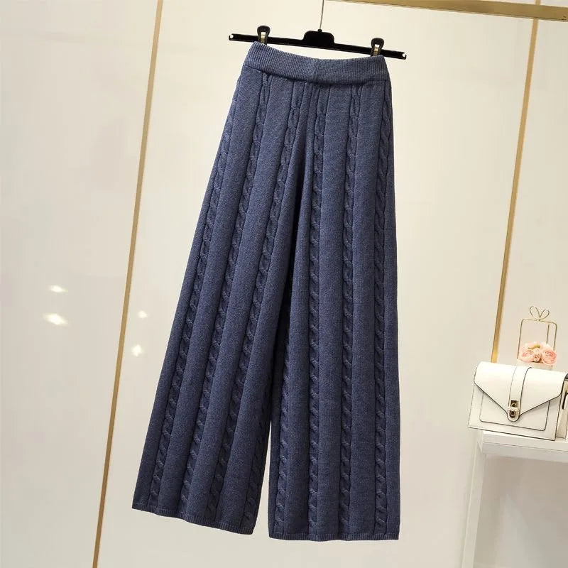 Cable Knit Wide Leg Pants Elastic High Waist Casual Solid Color Cotton Polyester