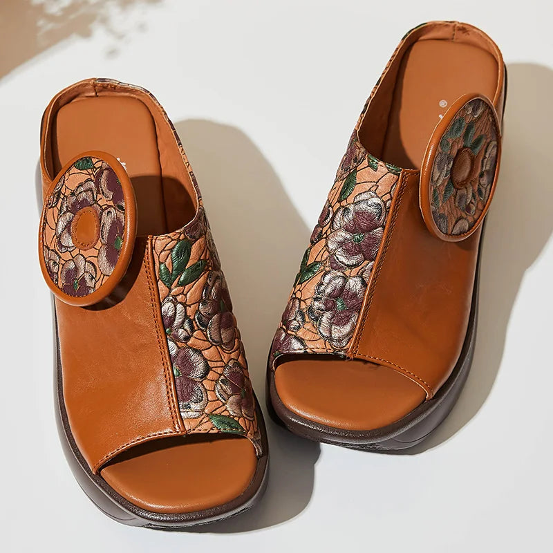 Genuine Leather Platform Sandals with Authentic Applique Design - Thread Harbor Clothing Company