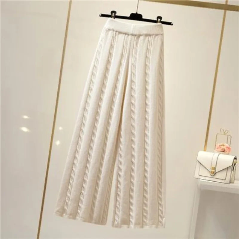 Cable Knit Wide Leg Pants Elastic High Waist Casual Solid Color Cotton Polyester