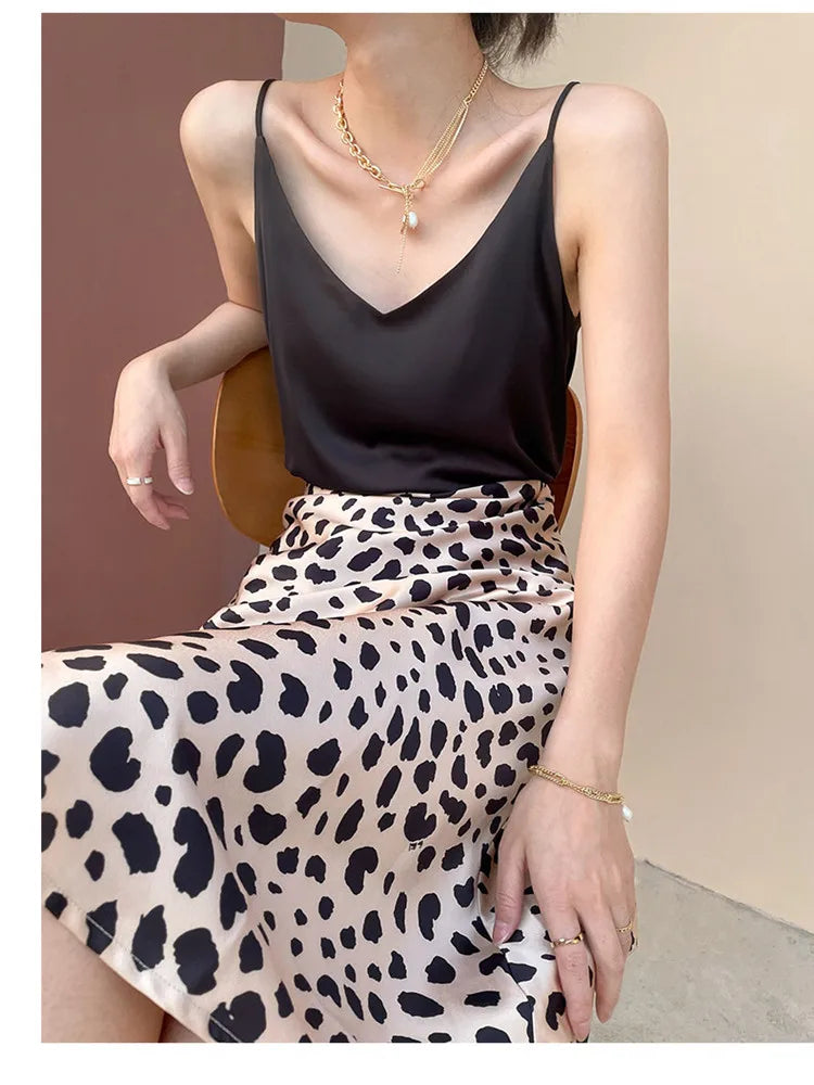 Vintage Style Leopard Print Midi Length A-Line High Waist Silk Skirt