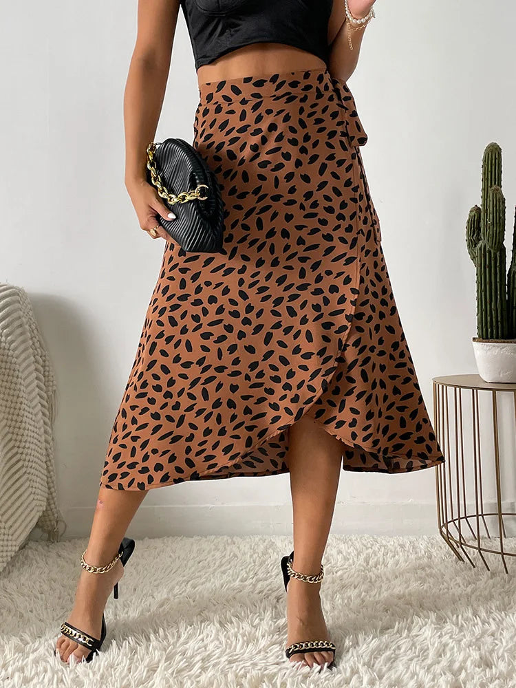 Elastic Waist A-Line Leopard Print Midi Skirt