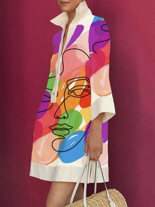 Indulge in bold and colorful fashion with our Abstract Print Turn Down Collar Mini Dress! Featuring a stunning abstract print of a woman's face, this A Line Dress is a vibrant and eye-catching statement piece. The turn down collar and 3/4 length bell sleeves add an elegant touch, while the V neckline and button front provide a comfortable and flattering fit. Make a bold and stylish statement with this must-have dress!