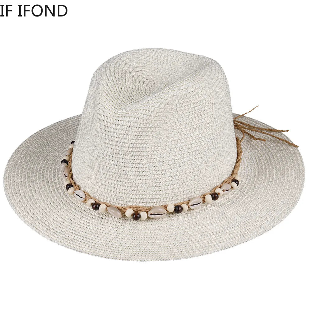 54-58-60CM Women's Summer Straw Panama Hat With Natural  Conch Shell Decoration