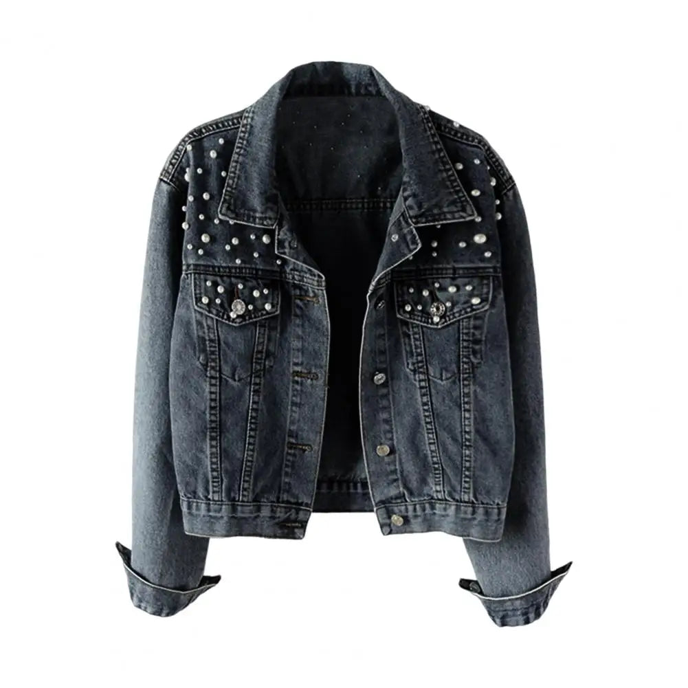 Get ready to rock the denim look with our Denim Jacket! With its solid color and single breasted design, this cropped jacket is perfect for any occasion. Stay warm and stylish with its thermal lining and beaded accents, while adding a touch of elegance with faux pearl details. Upgrade your wardrobe with this must-have piece!