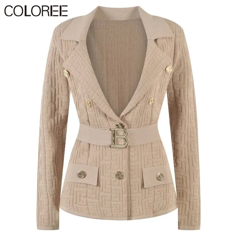 Stay warm and stylish in our Designer Double Breasted Cardigans for Women. Featuring a belted and knitted design, these cardigans are available in tan, black, pink, and white. Elevate your wardrobe with this double breasted cardigan, perfect for any occasion.