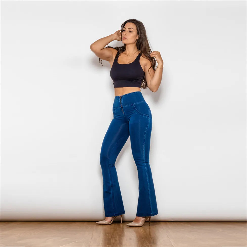 These High Waist Flare Jeans feature a four-way stretchable fabric and butt lifting technology, providing a comfortable and flattering fit. Made with dark blue cotton, these flair leg jeggings are a versatile and stylish addition to any summer wardrobe. Elevate your fashion game!!!