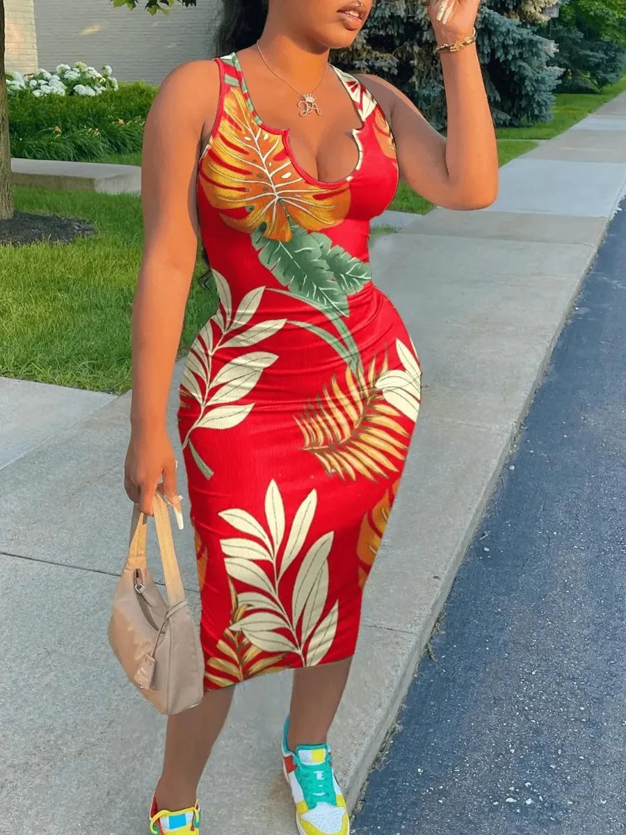 Sexy Plus Size Floral Print Bodycon Summer Dress in Red or Black