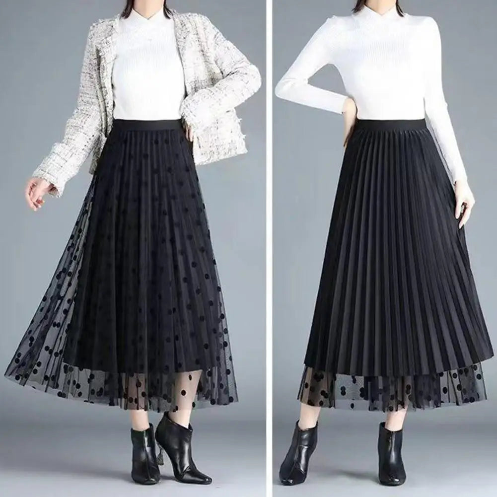 Black pleats and black mesh with polka dots.  Very Very nice!