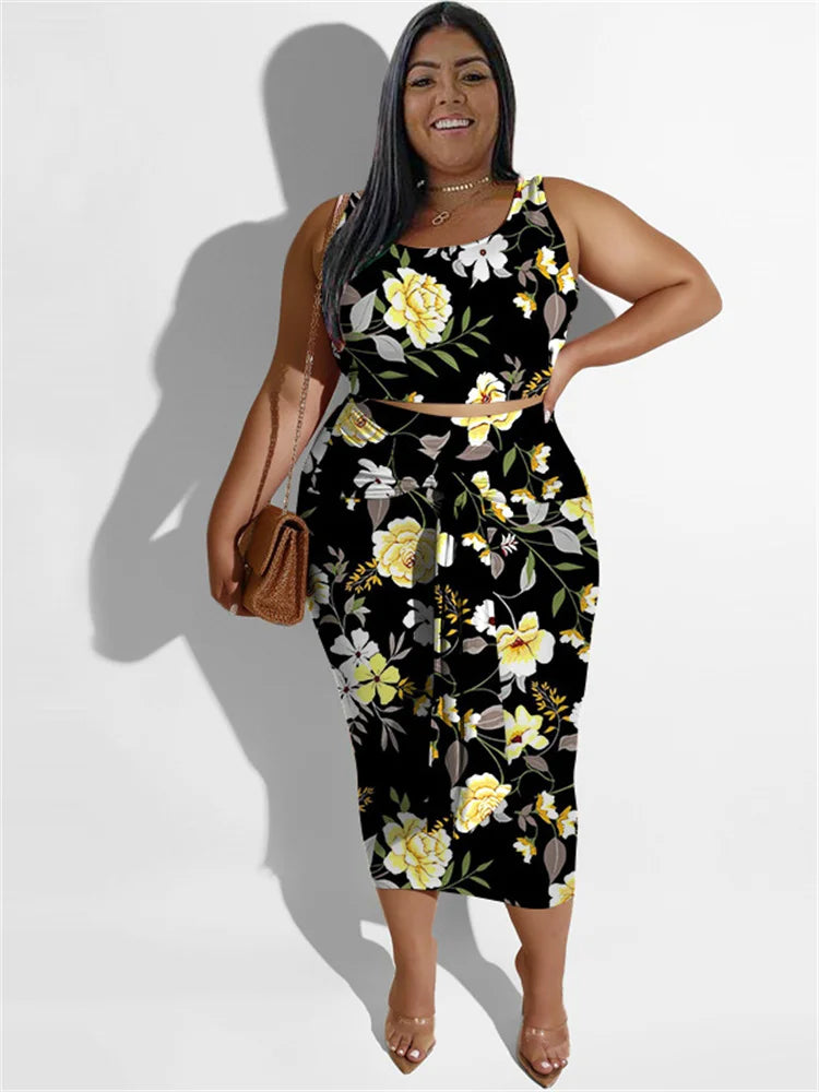 Women's Plus Size Sleeveless Floral Crop Top and Skirt Set