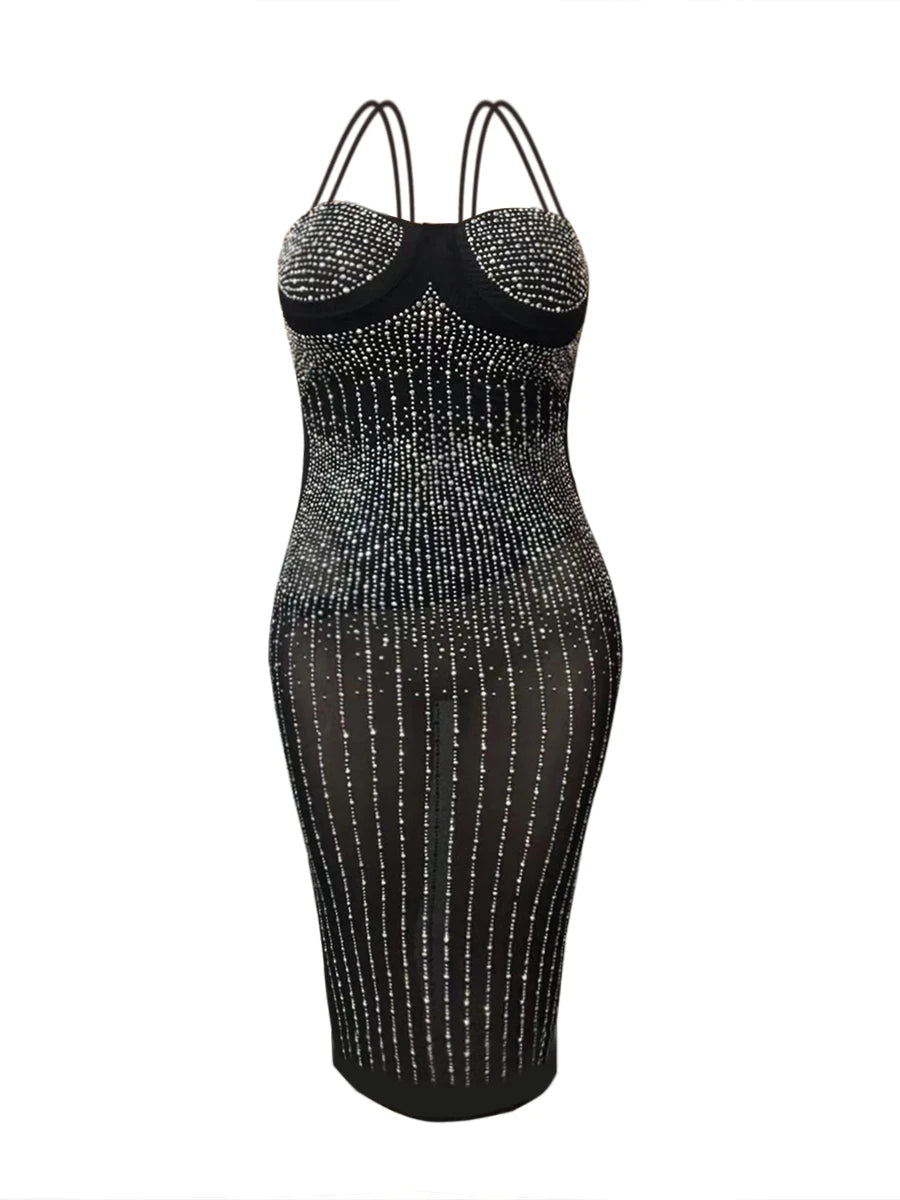 Elegant Plus Size Black Sequined Spaghetti Strap See Through Knee Length Bodycon Dress