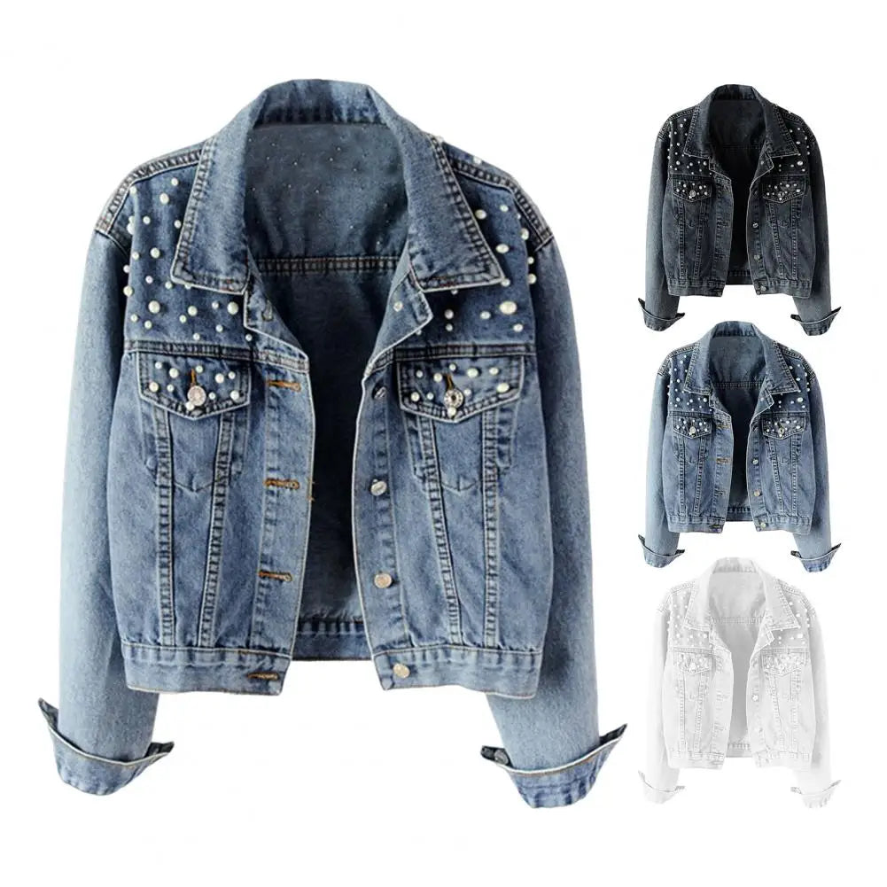 Get ready to rock the denim look with our Denim Jacket! With its solid color and single breasted design, this cropped jacket is perfect for any occasion. Stay warm and stylish with its thermal lining and beaded accents, while adding a touch of elegance with faux pearl details. Upgrade your wardrobe with this must-have piece!