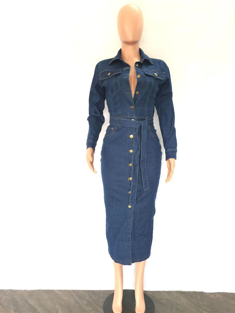 Elevate your style with our Elegant Tight Fit Long Sleeve Denim Midi Dress! This dress hugs your curves in all the right places, while the long sleeves add a touch of sophistication. The midi length is perfect for any occasion, making you feel confident and chic. Upgrade your wardrobe today!